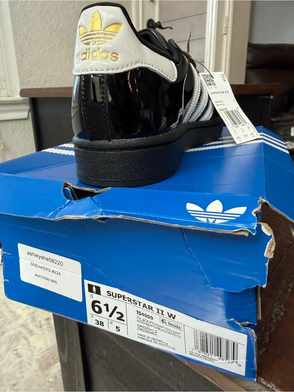 adidas Kids Black and White Patent Shell-Toe Sneakers with Gold Logo